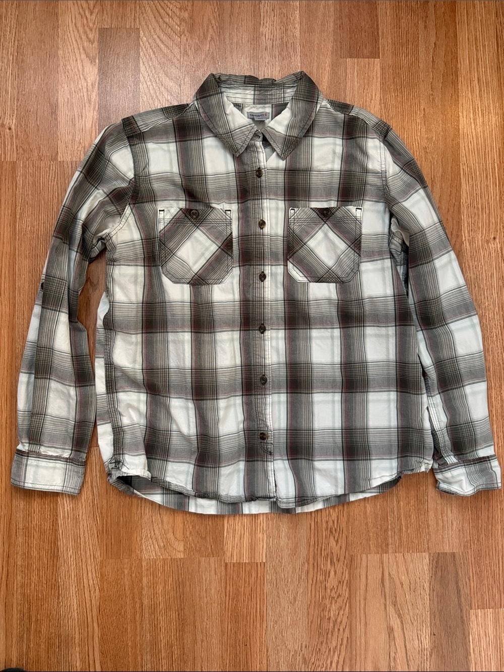 Carhartt Boys (or women’s Smal) Plaid Button-Down Shirt - White & Gray